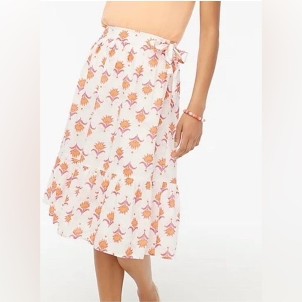 J Crew Skirt Sz 4 White Tiered Faux Wrap Midi Pink Orange Floral 100% Cotton new